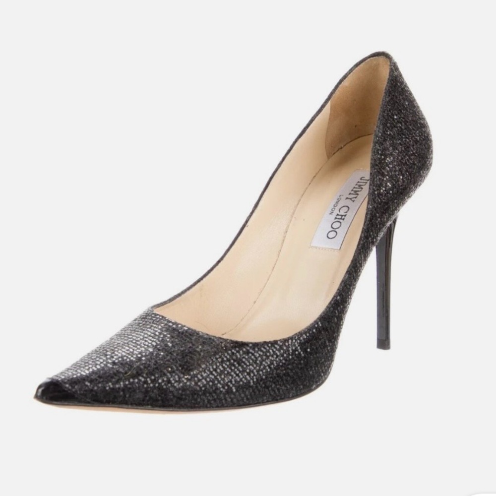 Jimmy Choo Abel Glitter Pointed Toe Black Heels 38